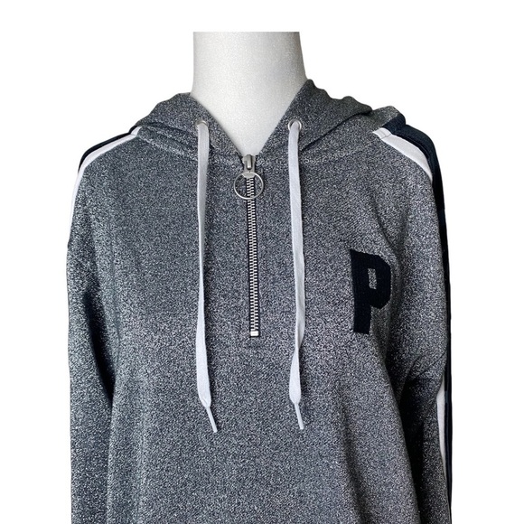 Pink Victorias Secret Sweater Womens Small Silver Sparkle Hooded Pullover - Picture 2 of 10